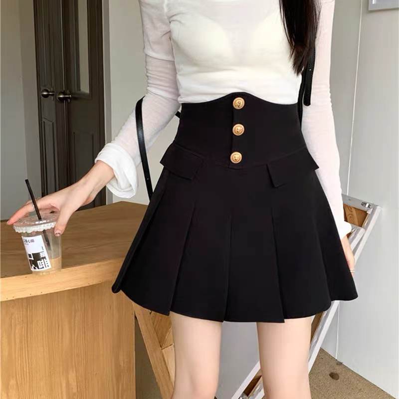 鱼骨超高腰半身裙女春秋a字短裙裤设计感排扣收腹百褶伞裙