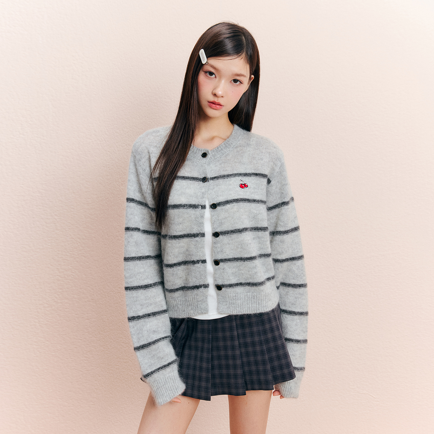 樱桃KIRSH韩系圆领拼接撞色条纹针织衫女秋季修身刺绣开衫上衣