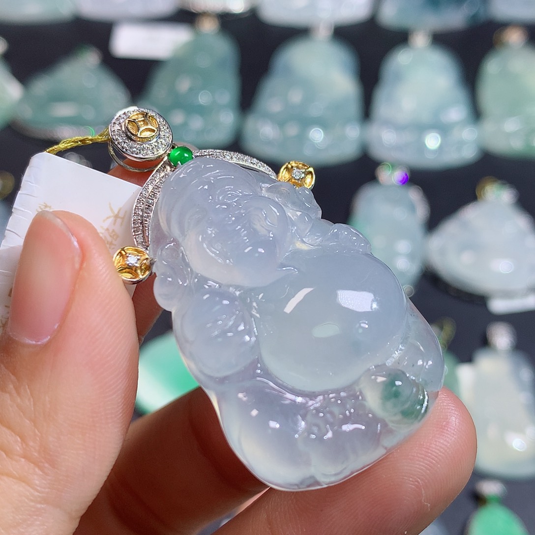 翡翠18K金镶嵌颈饰缅甸天然a货翡翠财爷爷