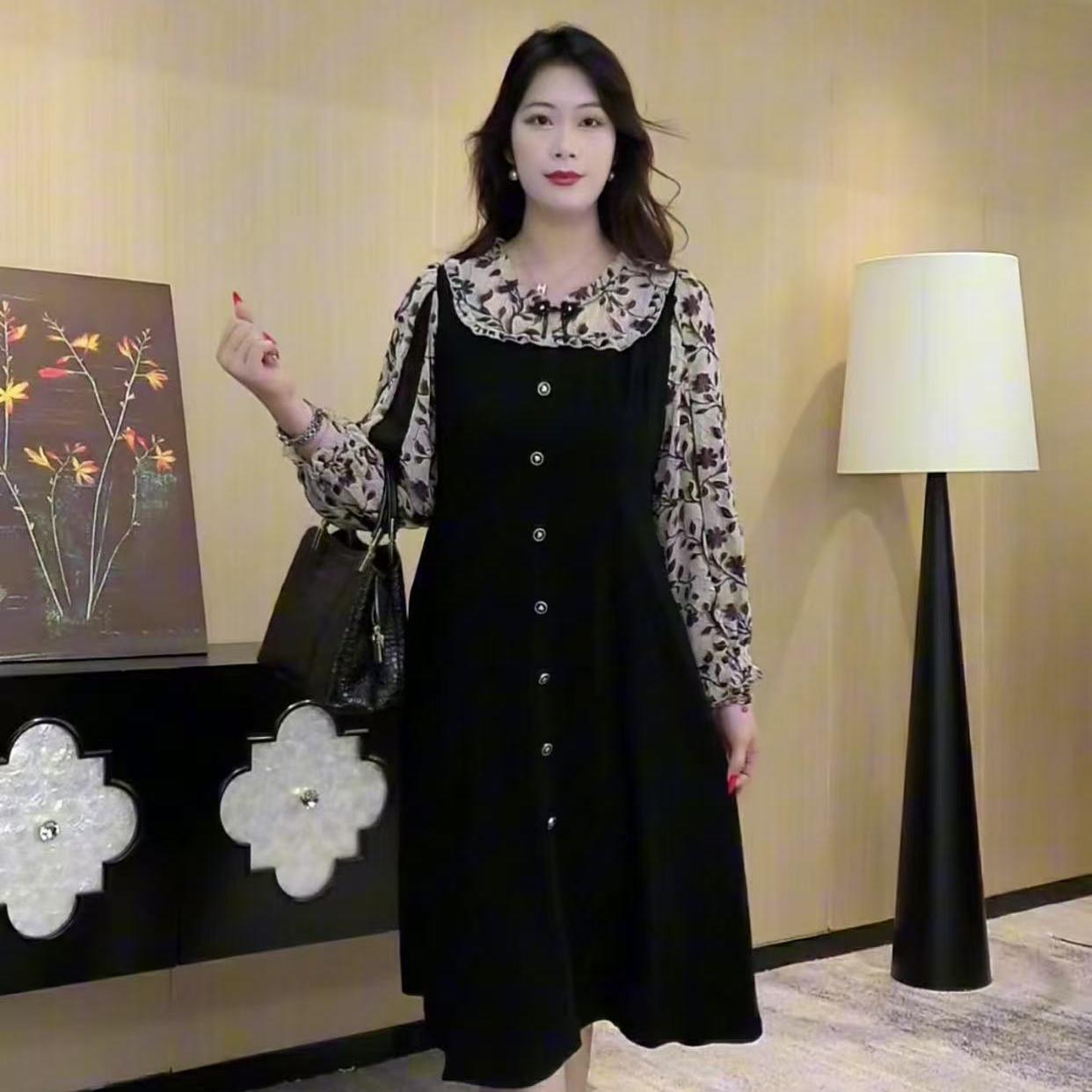 薇姐大码女装2025秋季新款假两件减龄显瘦时尚连衣裙ZB6031