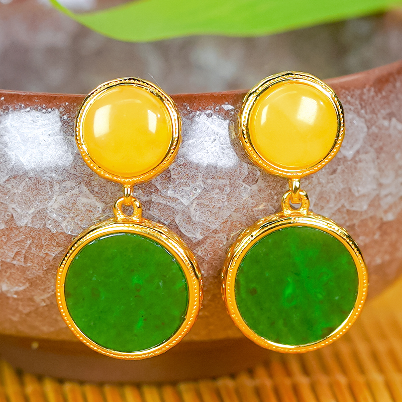 时尚大小圆银镶嵌天然满绿翡翠A货圆牌耳钉一对