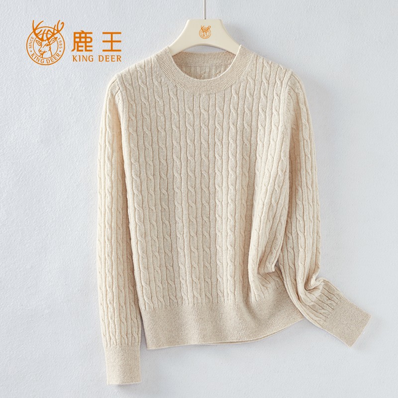 编号4J1413鹿王24新款女圆领100山羊绒经典绞花百搭针织套衫