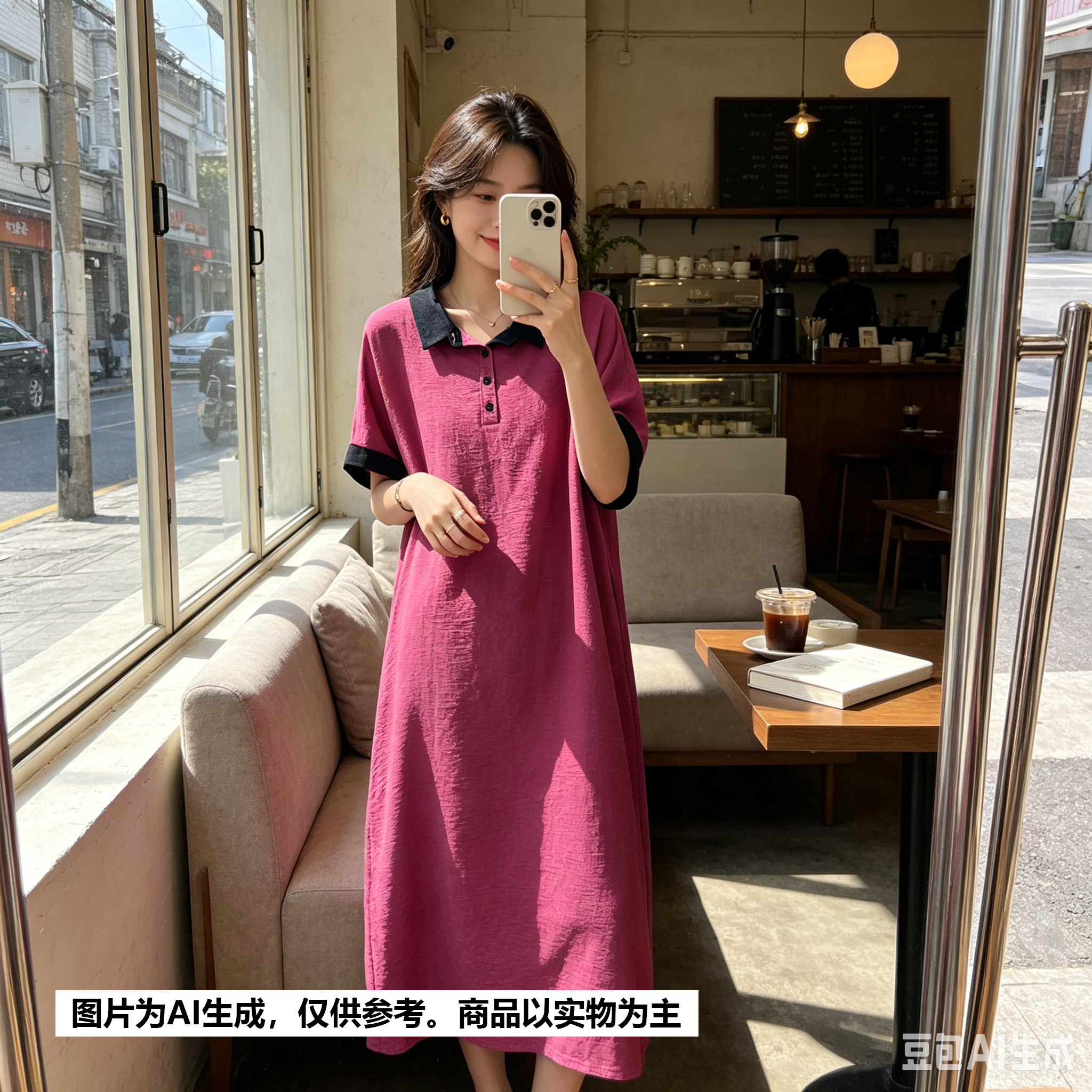 【Annie 237-238】夏款简约撞色翻领休闲宽松直筒大码显瘦连衣裙