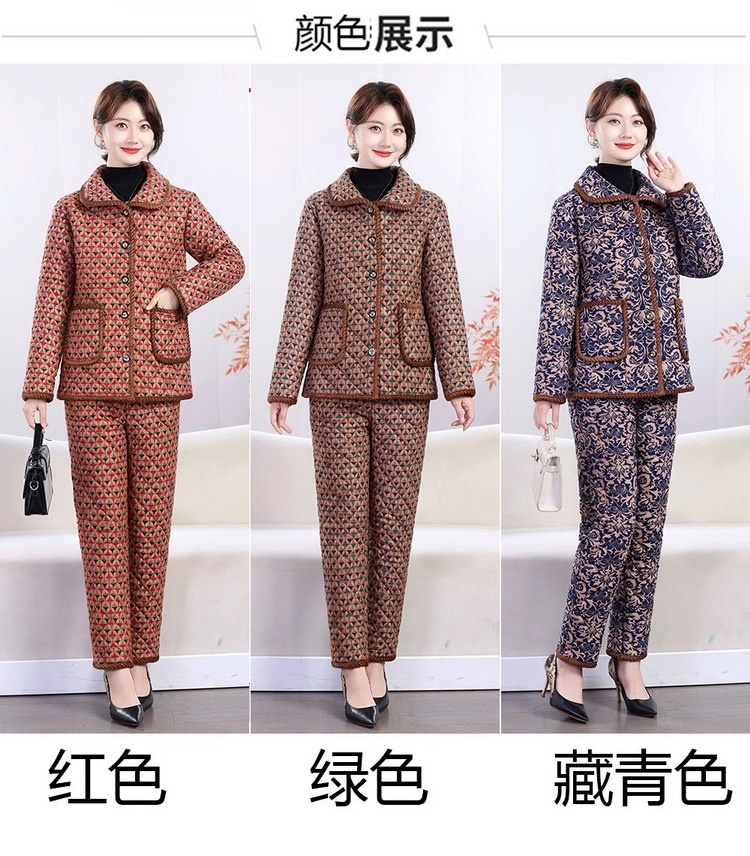 新款棉服套装保暖舒适妈妈套装气质中老年绿色红色老人加绒加厚