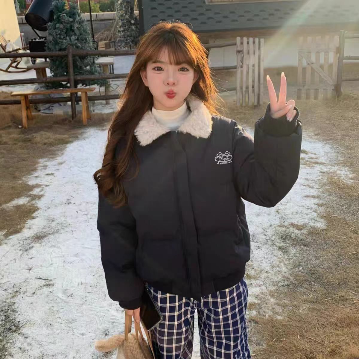  8复古美式短款羊羔棉服外套小个子冬季翻领加厚保暖新款棉衣棉袄