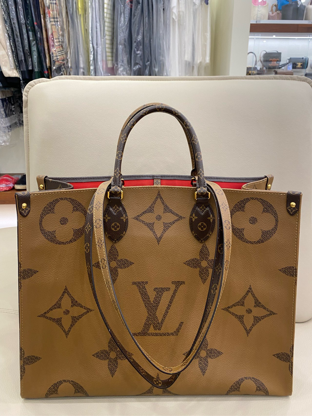 95新 LouisVuitton/路易威登 LV Onthego大号 老花双面 老花肩带