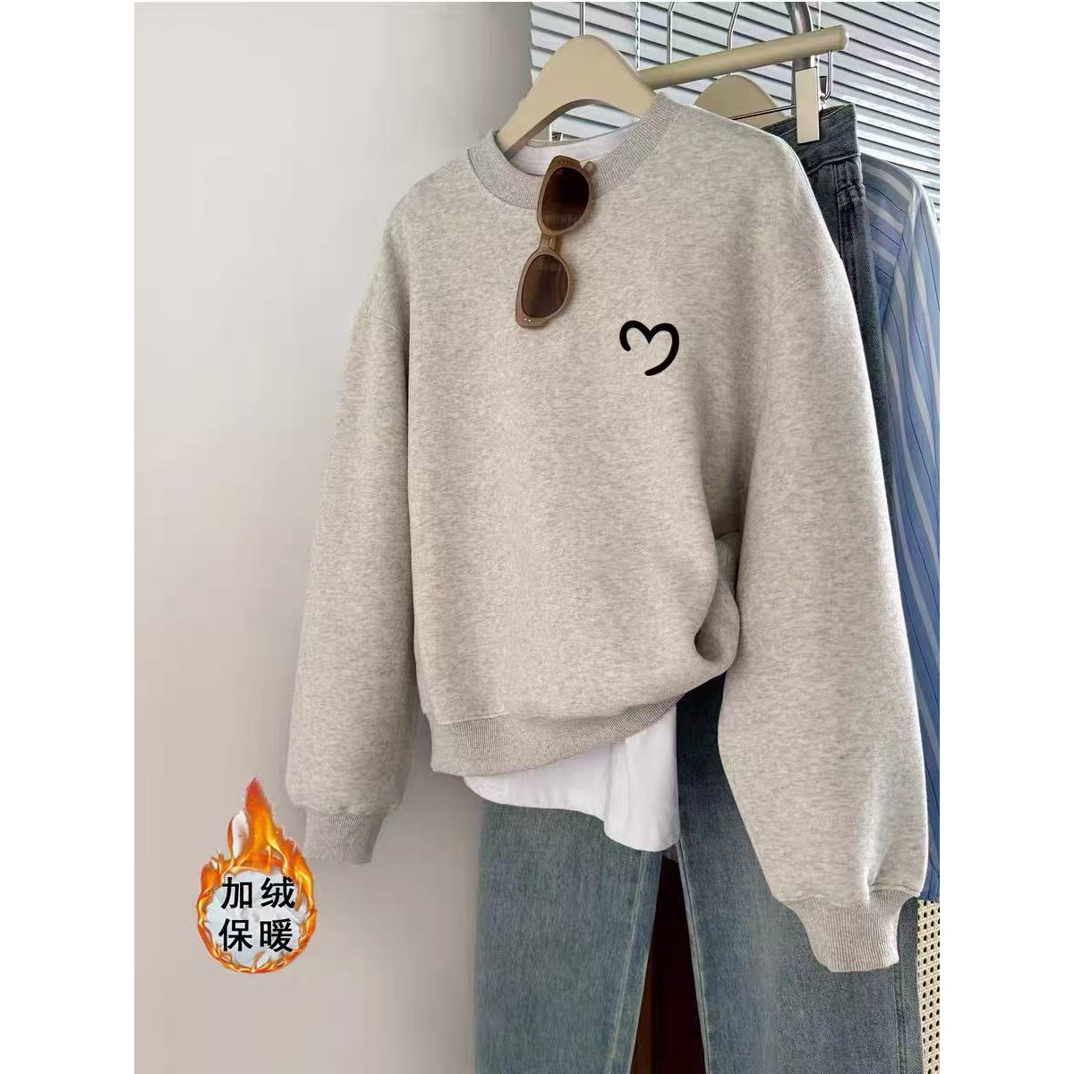 【C501-547】秋冬季韩版新款圆领连帽加绒加厚卫衣男女宽松休闲上衣