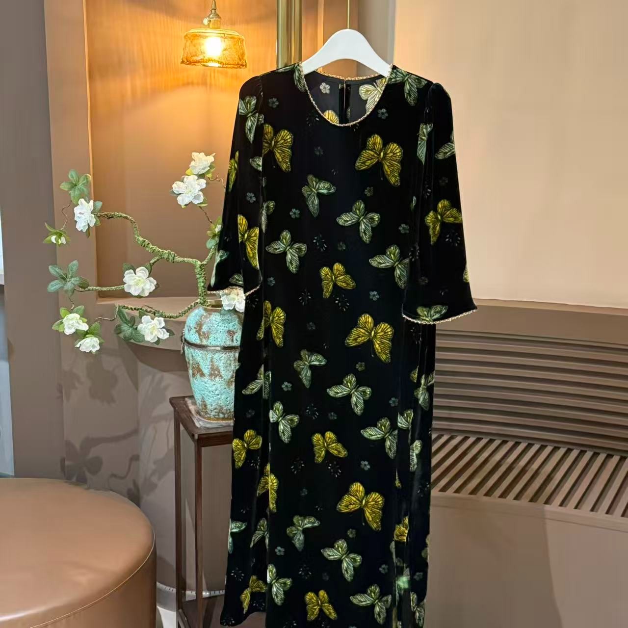 QNH-真丝丝绒植物染蝶恋花串珠连衣裙