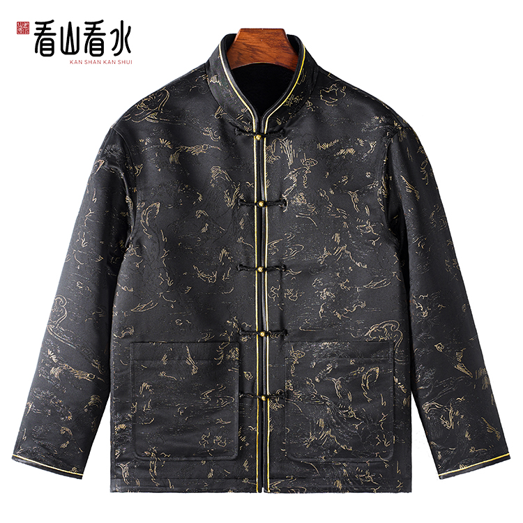 看山看水99863织金宋锦男装桑蚕丝水波纹羊毛呢新中式外套
