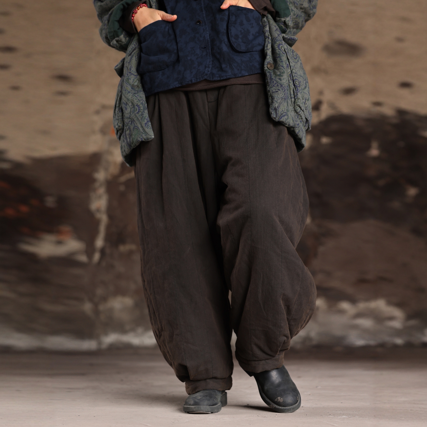 衣路走来原创设计冬季棉麻松紧腰夹棉休闲棉裤39195