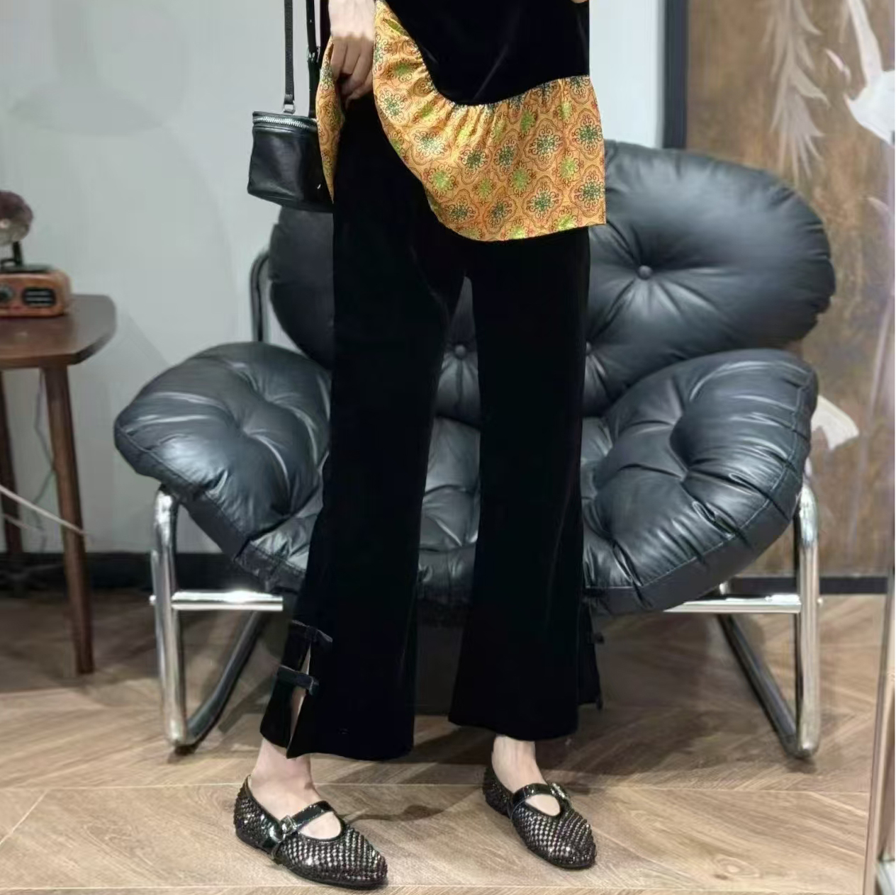 YY秋季新款大码高腰显瘦丝绒裤胖妹妹弹力微喇裤200斤九分裤98099