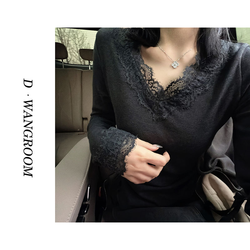 丁小晗【女神Tee】V领抓绒磨毛发热打底ㅣ高品控T恤（蕾丝定染）H1392