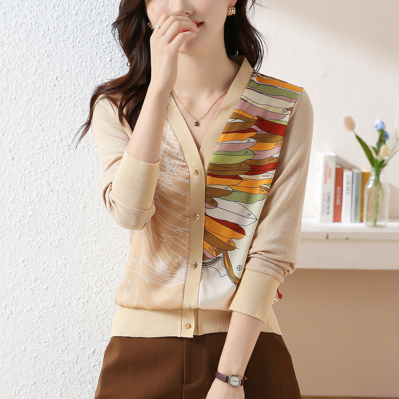 毛针织衫宽松时尚春秋春季拼接针织气质落肩袖拼接开衫5009017