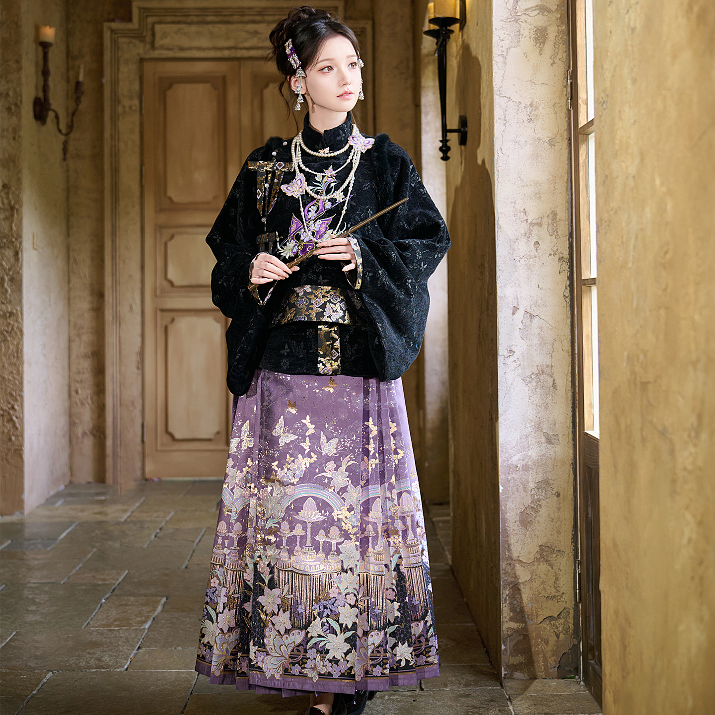 蓓蕾精灵 魔仙 汉服女明制琵琶袖马面裙套装暗黑系秋冬款汉洋折衷