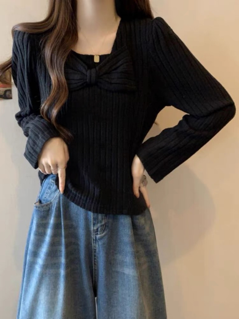 大码新款5198方领蝴蝶结上衣长袖韩版高级感（以主播手里实物为主)