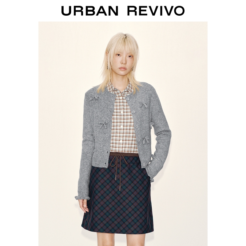 UR2025冬季新款女装休闲蝴蝶结饰短款针织开衫UYY950139