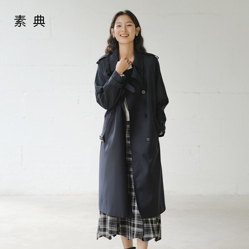 素典【摩卡时代】秋季宽松气质长款英伦风时尚设计感休闲风衣4617
