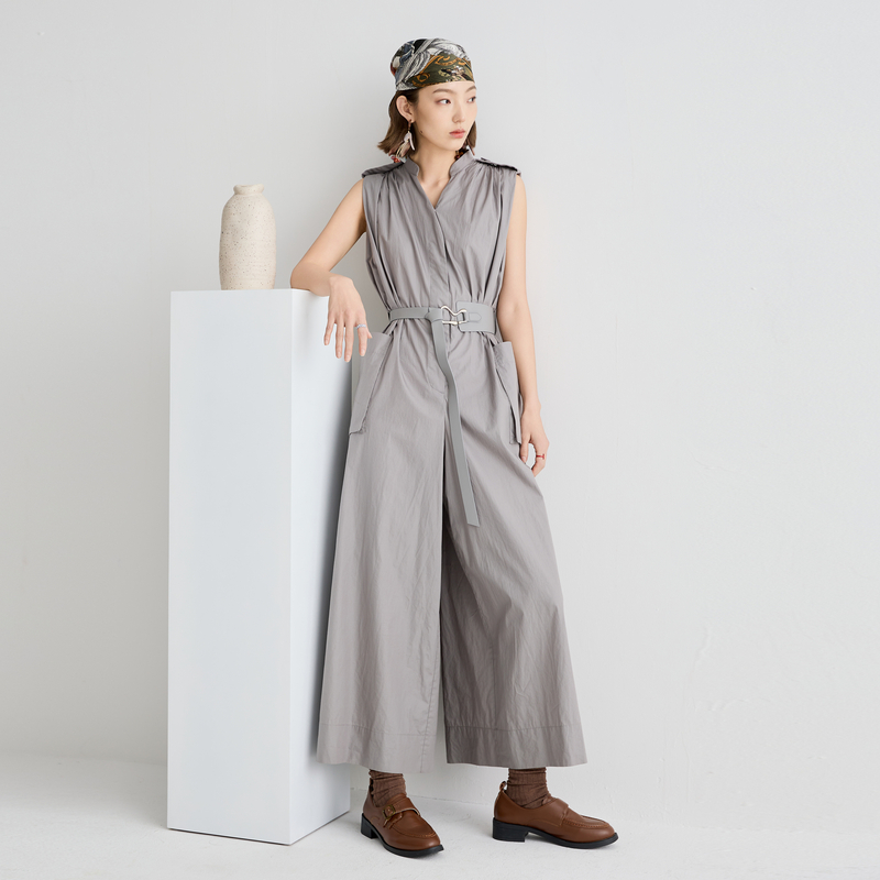 谜底连体裤无袖女2025夏新品复古风通勤大廓形连体长裤252MK0635