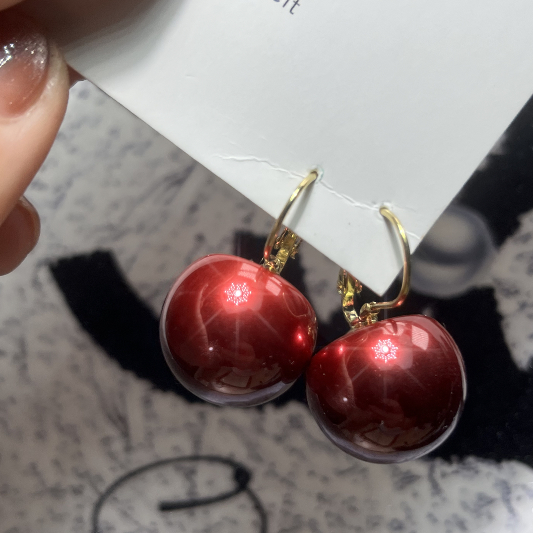 合金仿珍珠耳饰 526号法式高级渐变车厘子红耳钉气质轻奢小众复古