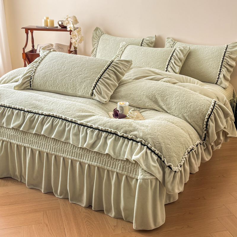 法式雕花牛奶绒床盖款四件套加厚保暖A类双面绒床盖四件套可机洗