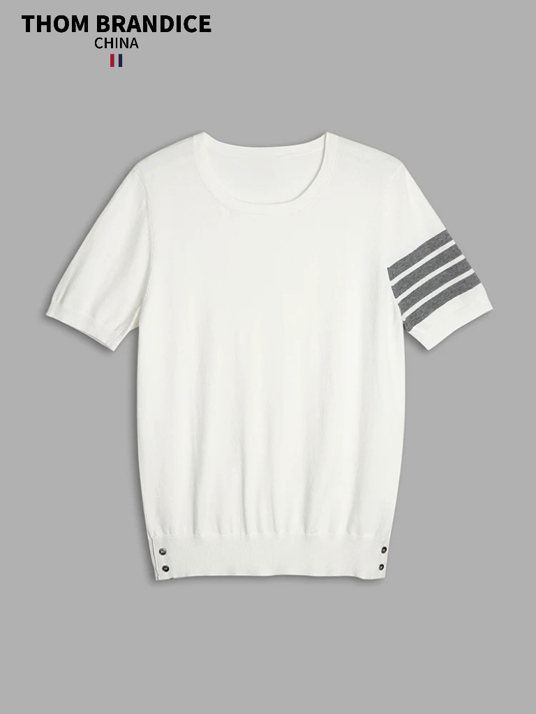 【官方旗舰】THOMBRANDICE汤姆布郎圆领短袖条纹针织衫冰丝纯色T恤