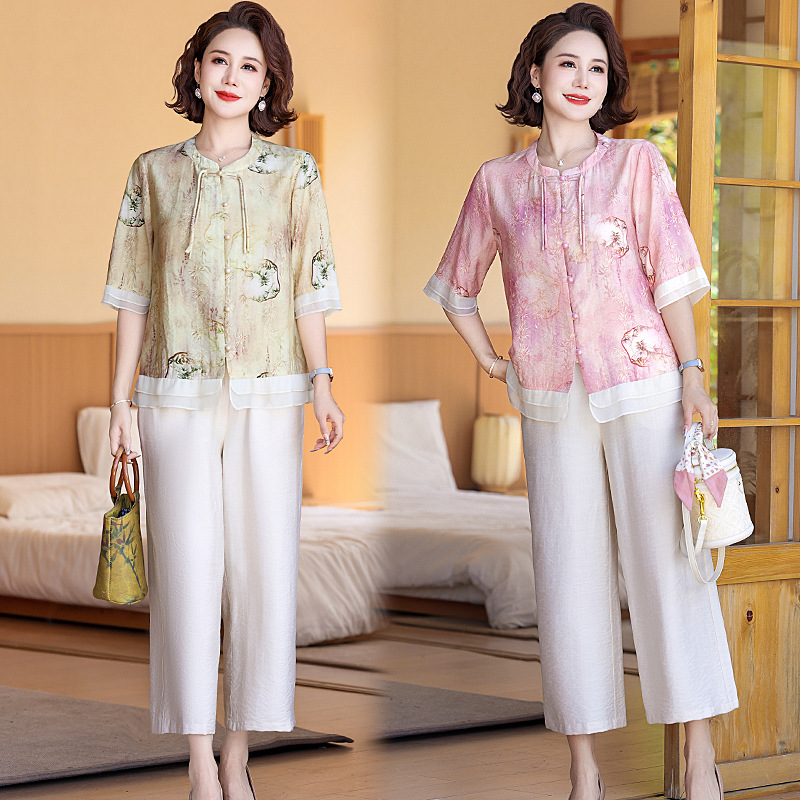 妈妈装夏装2024新款半袖国风小衫中老年人女装新中式薄款上衣T恤