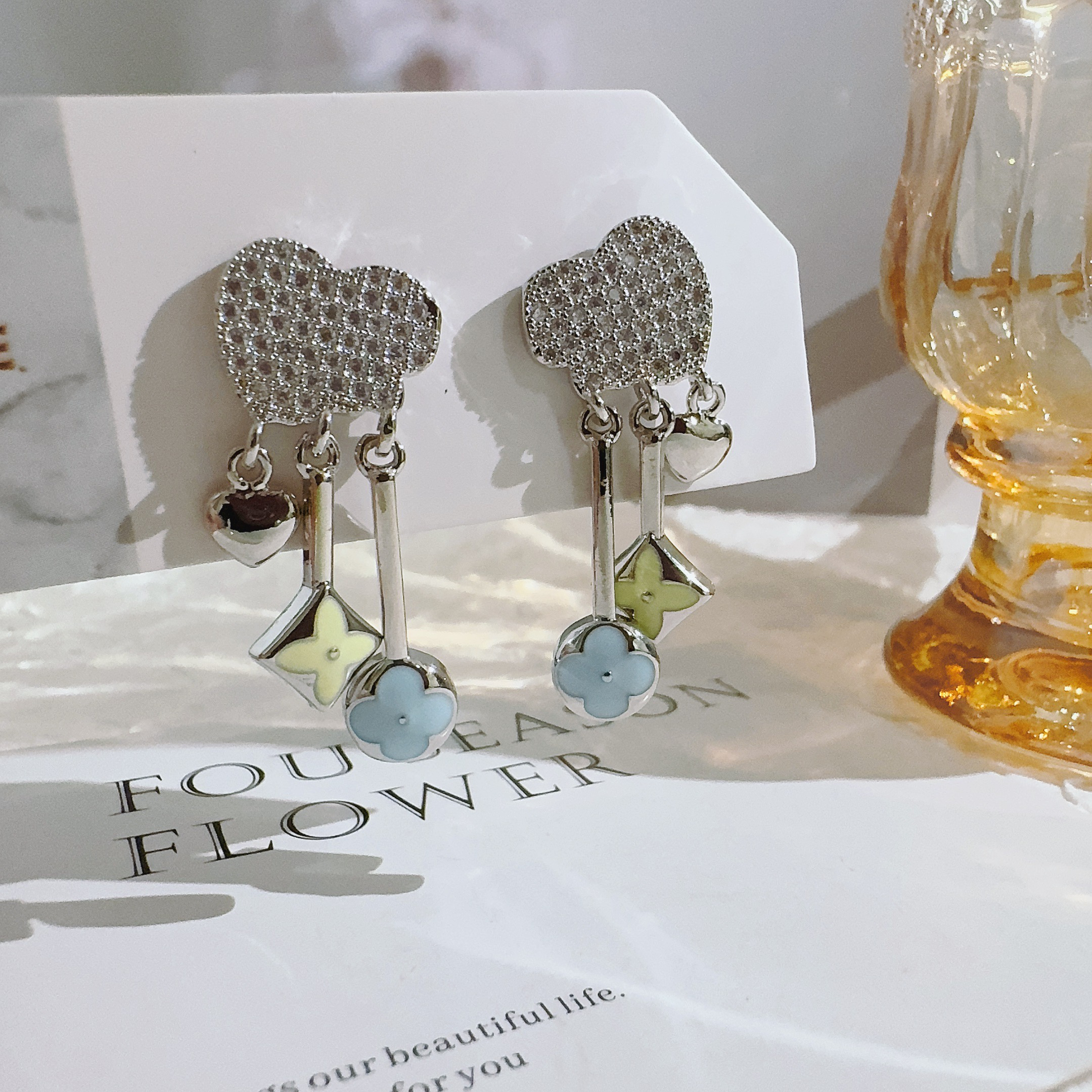 铜合金合成锆石耳饰 9001 老花滴油流苏满镶耳钉