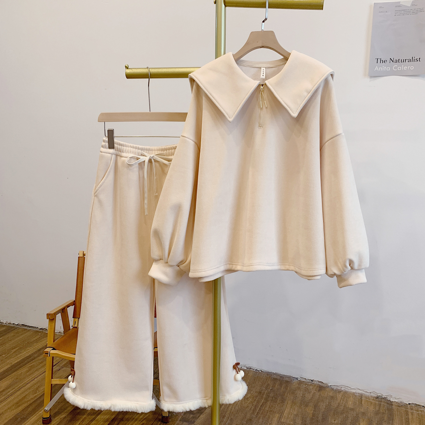 白樱桃C5413加绒拉链海军领卫衣松紧腰毛条阔腿裤套装