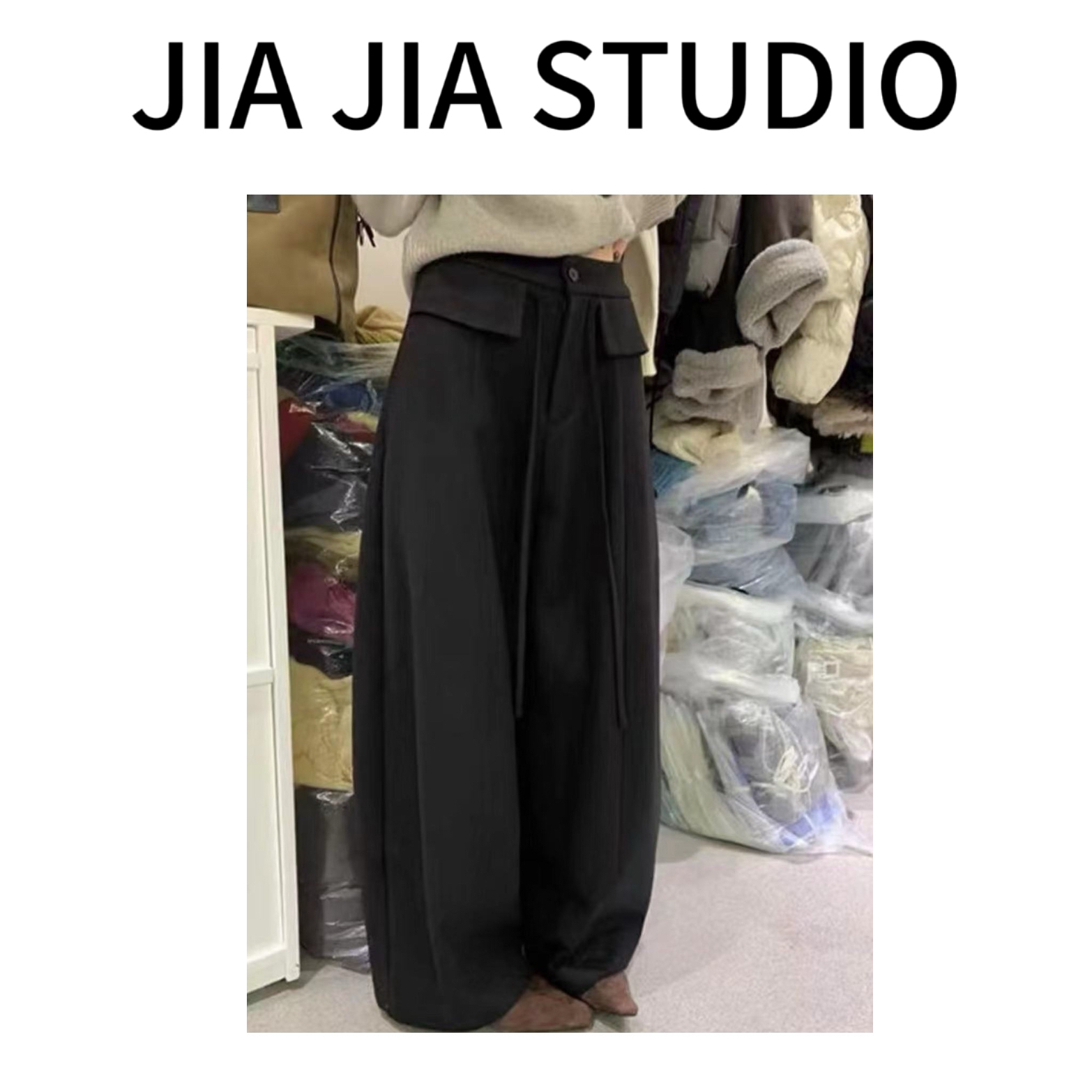 嘉嘉推荐#4940【冬季加绒加厚】设计感 毛呢抽绳弯刀阔腿裤