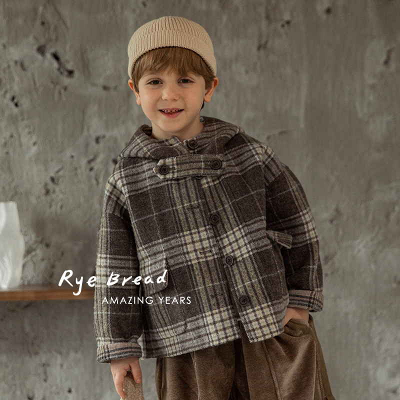 ryebread/黑面包童装韩系撞色格子男小童连帽双面呢大衣外套4春秋