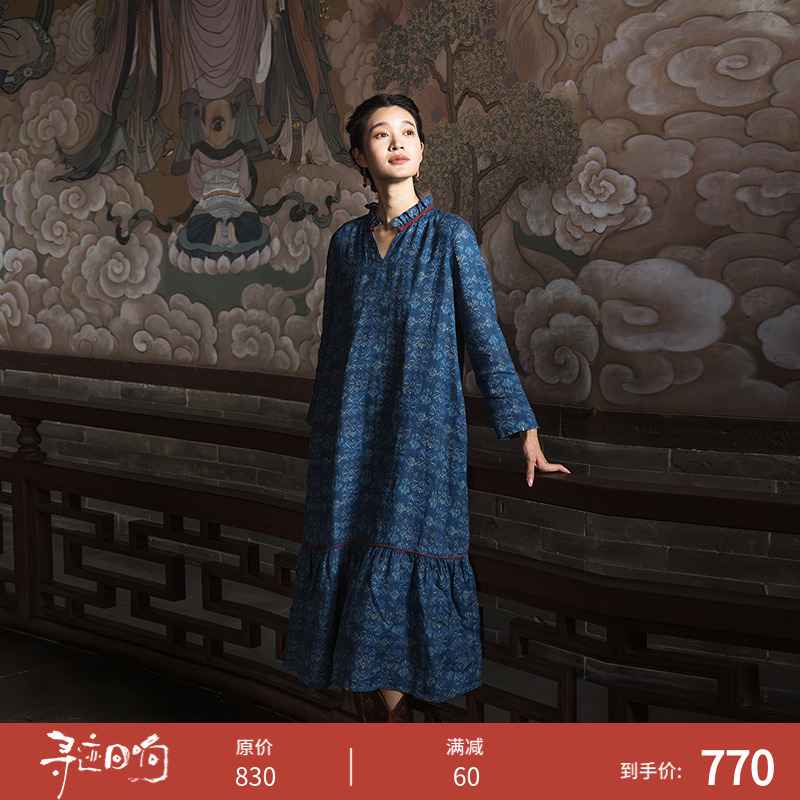 590朵/亚麻印花花边领设计感文艺正常肩度假裙长袖连衣裙女秋