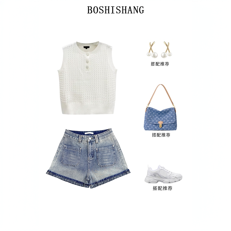 2025夏季新款时尚设计感阔腿裤ins高腰显瘦牛仔短裤#S19