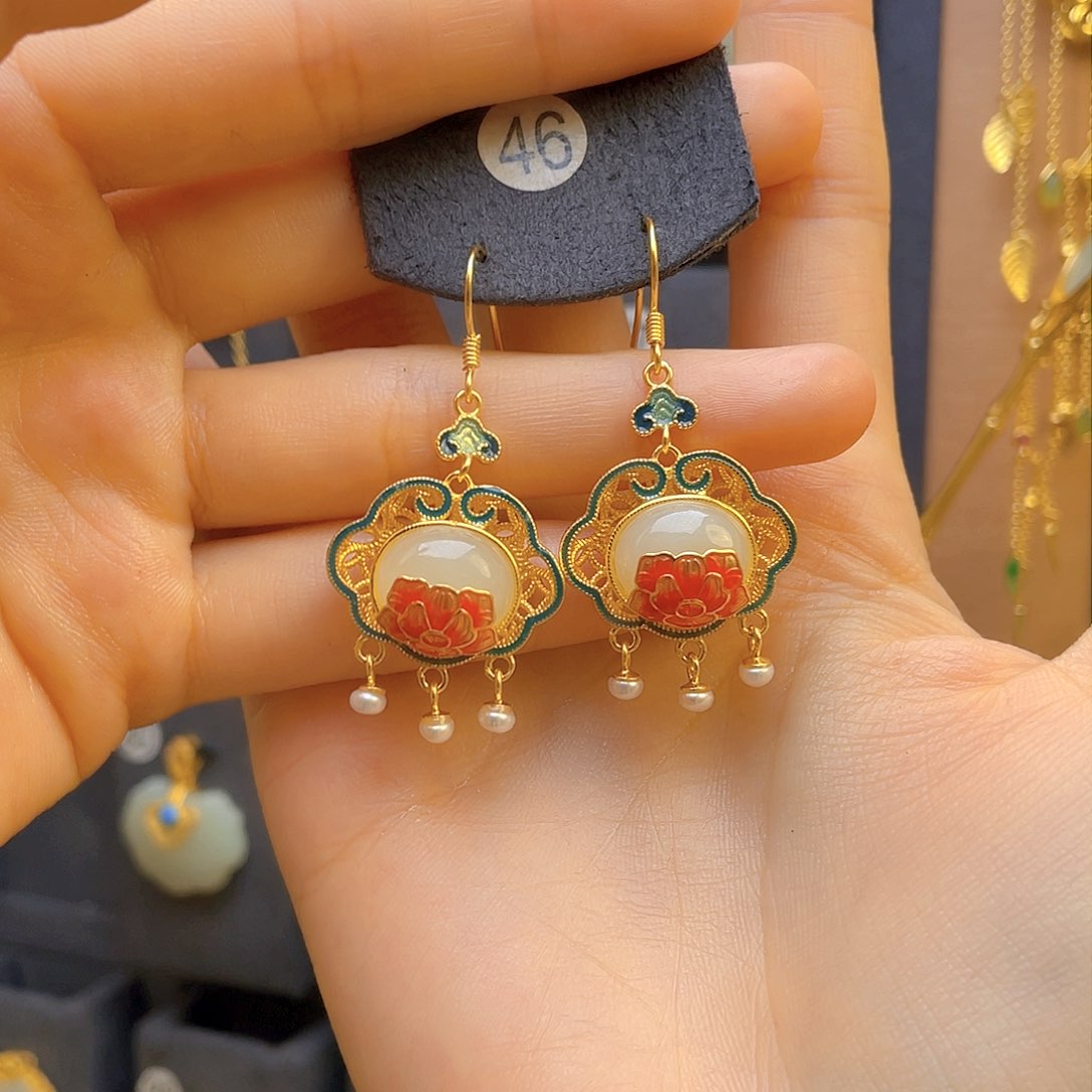 和田玉耳饰银S925镀金镶嵌