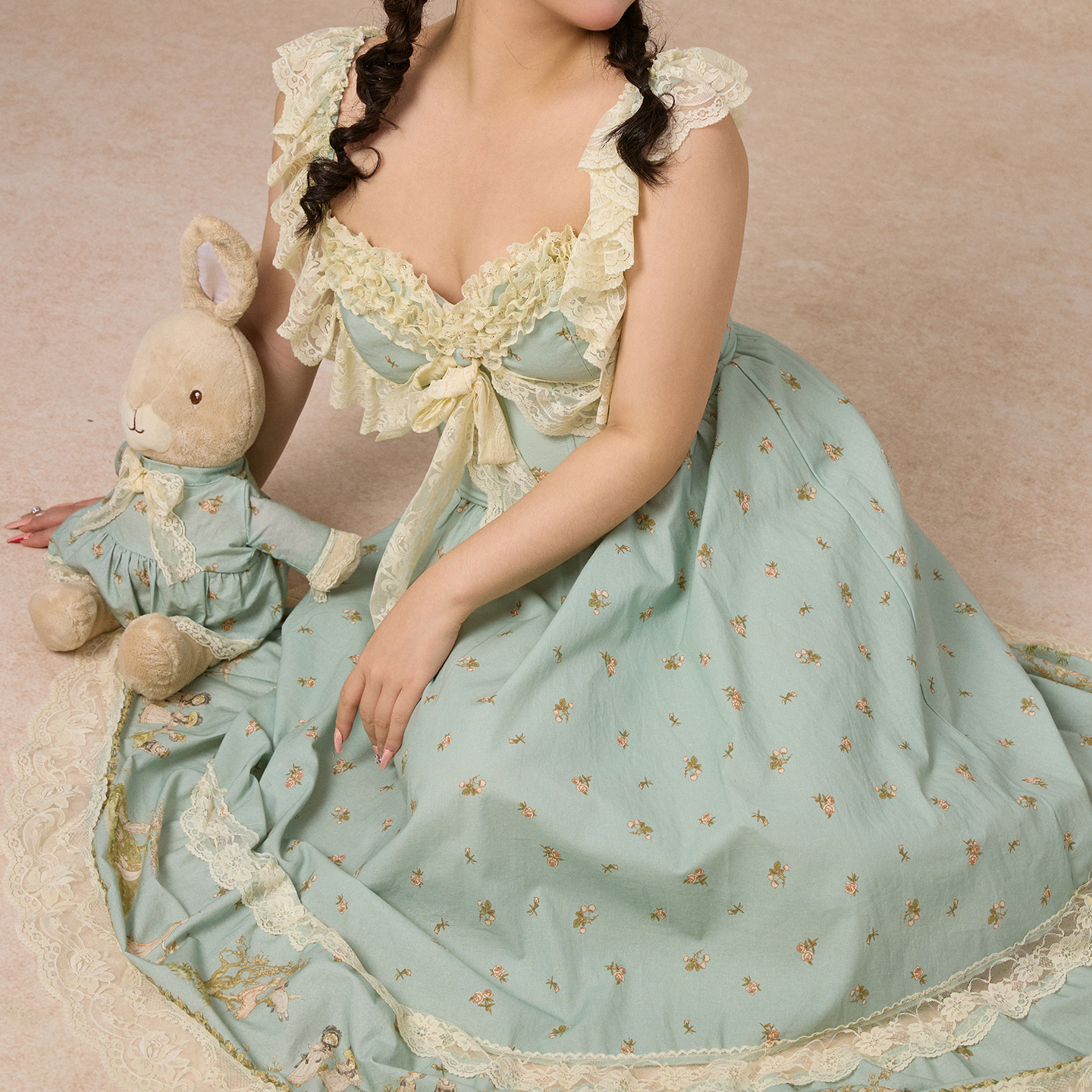 LaceMade大码女装 林间精灵 法式田园风刺绣蕾丝吊带长款连衣裙女