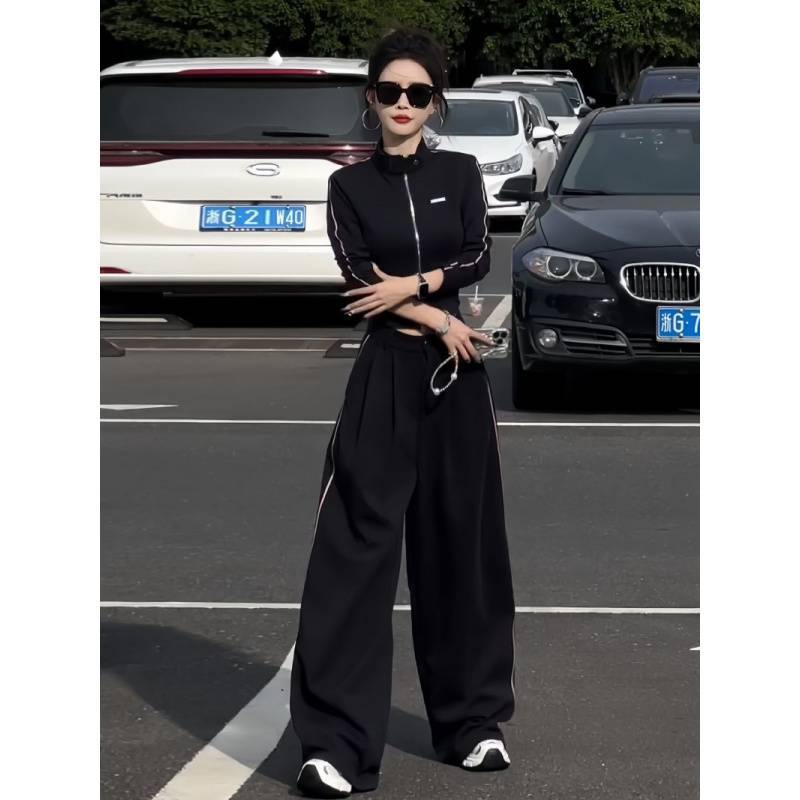奥特莱斯清仓2024秋季新款时尚立领修身外套运动套装女阔腿裤设计