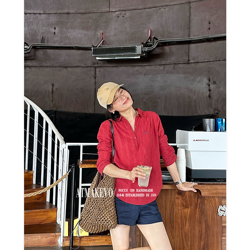 吕小布 |慵懒老钱100%棉宽松套头半扣竖条刺绣透气防晒衬衫女0577