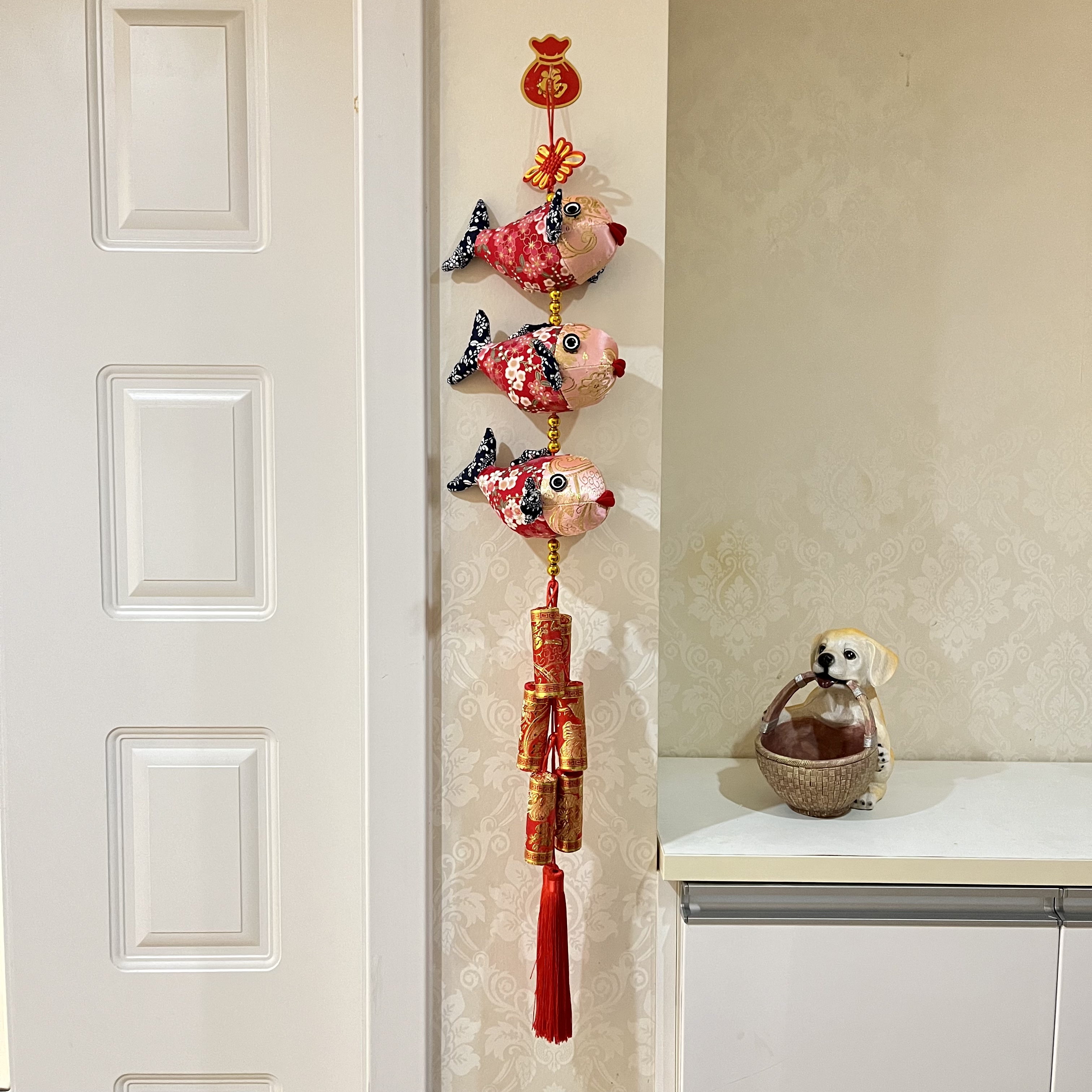 新款手工装饰新居福娃鱼串挂饰中国结刺绣布鱼客厅背景墙喜庆挂件