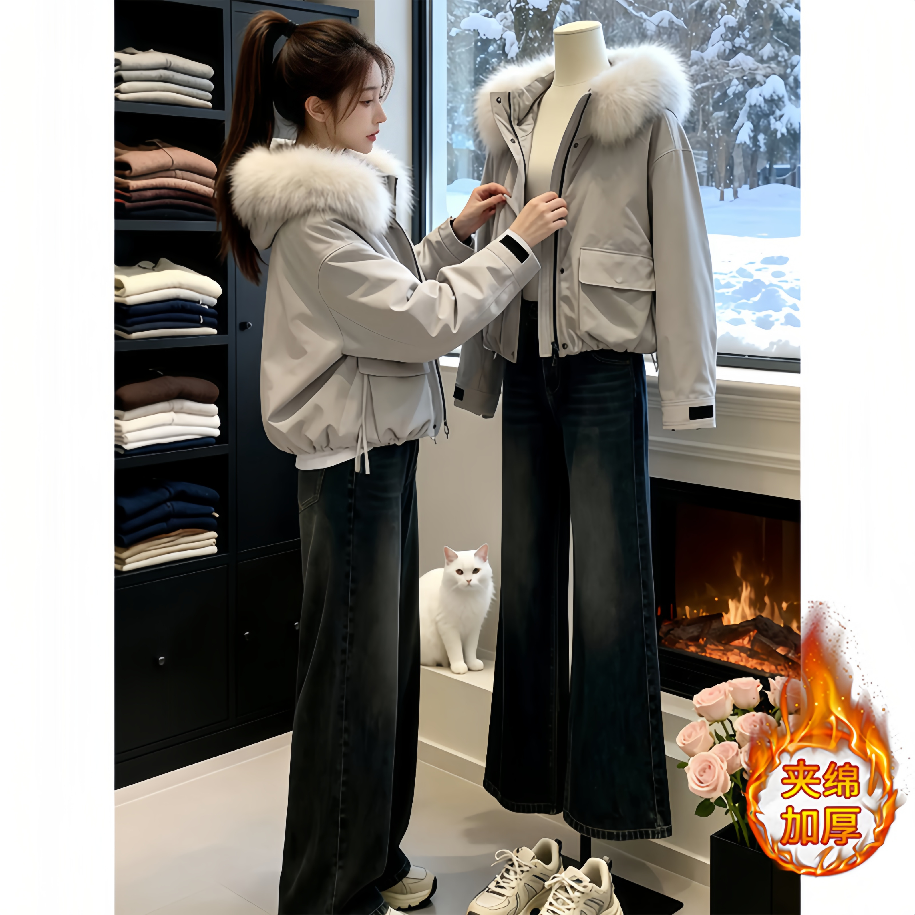 棉服女款2025新款冬季短款小个子派克服工装大毛领今年流行