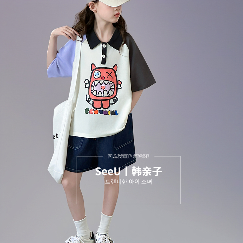 卡通POLO衫女童夏季翻领复古美式休闲宽松设计感别致短袖套装童装