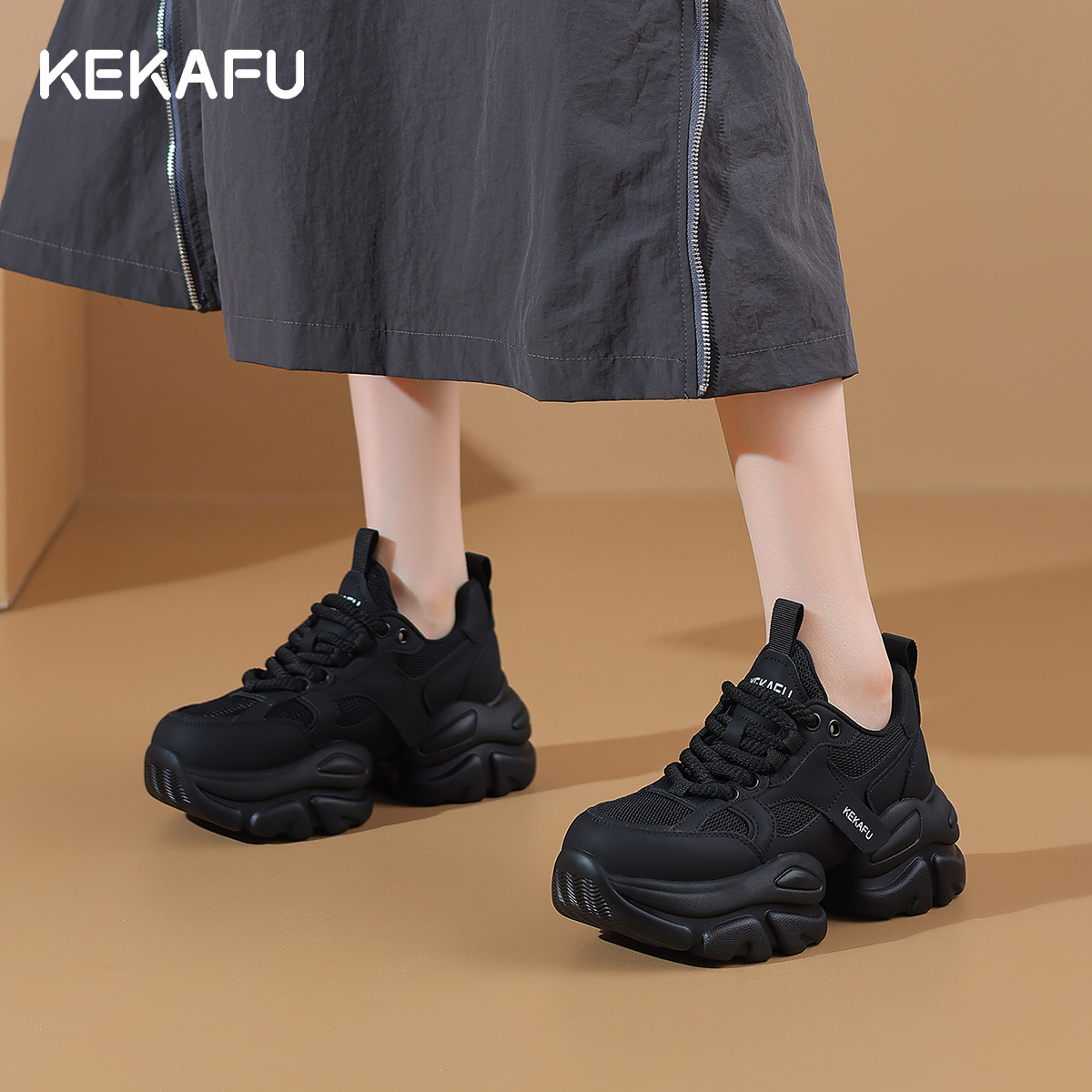 珂卡芙老爹鞋女2025新款秋冬防滑鞋子厚底休闲鞋增高玫红色运动鞋