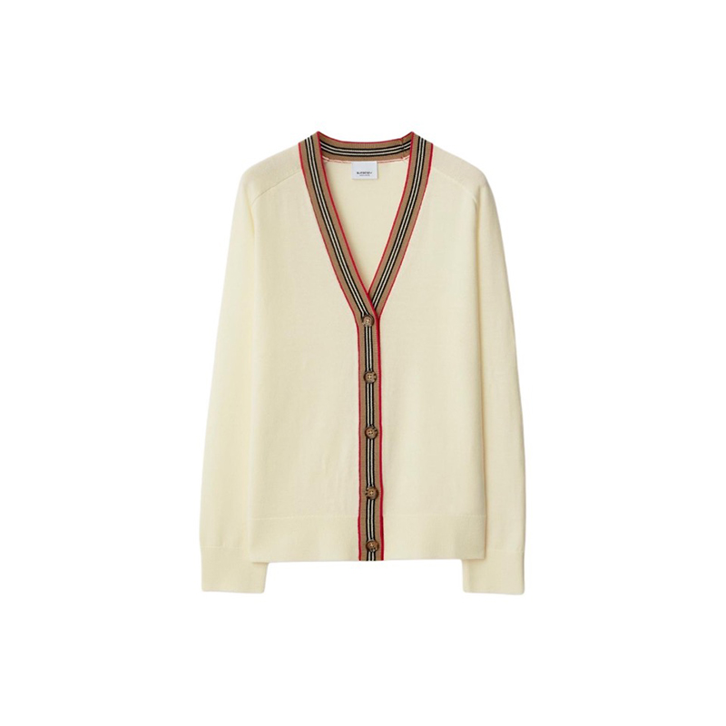 【中秋好礼】BBR/博柏利 女士象牙白羊毛条纹单排扣合身V领开衫