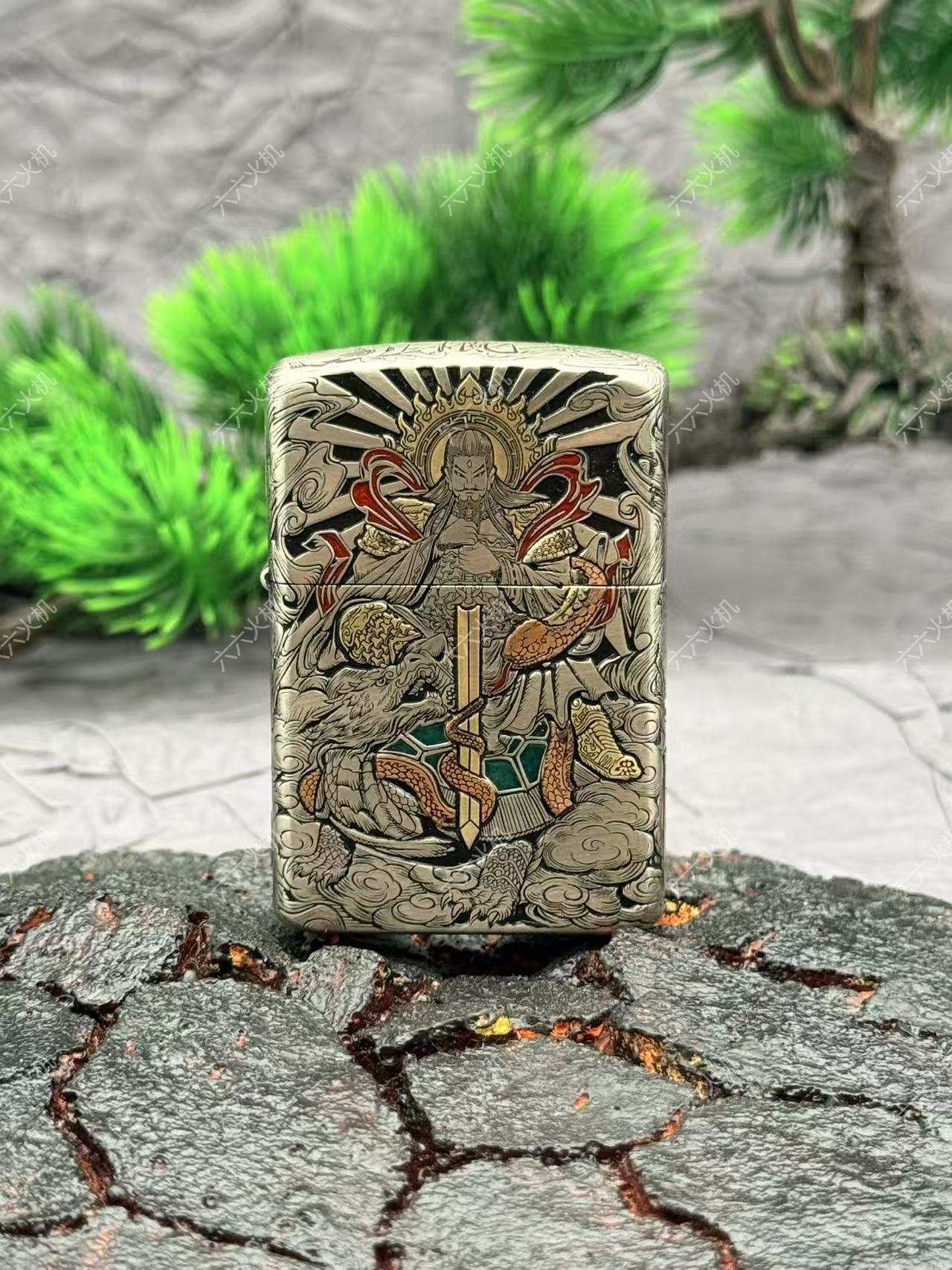 佐罗白铜真武大帝五面满雕镶嵌填漆珐琅彩火机送礼男士收藏星火