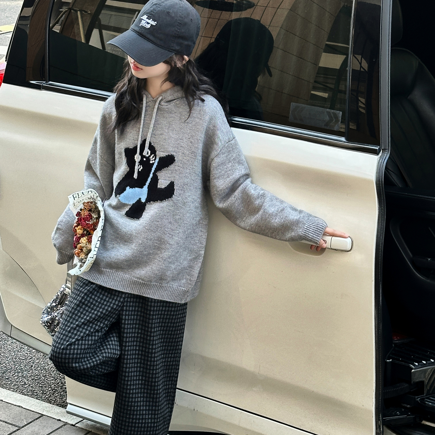 秋季毛衣套装宽松女童卡通动漫小猫洋气韩版中大童休闲格子裤网红