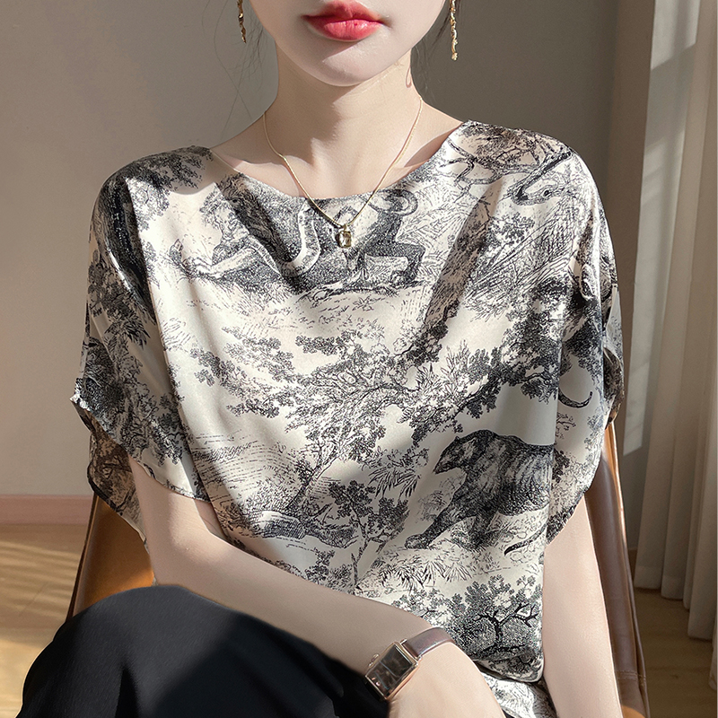 轻奢复古~水墨印花恤女25夏季新款一字圆领国风缎面短袖上衣