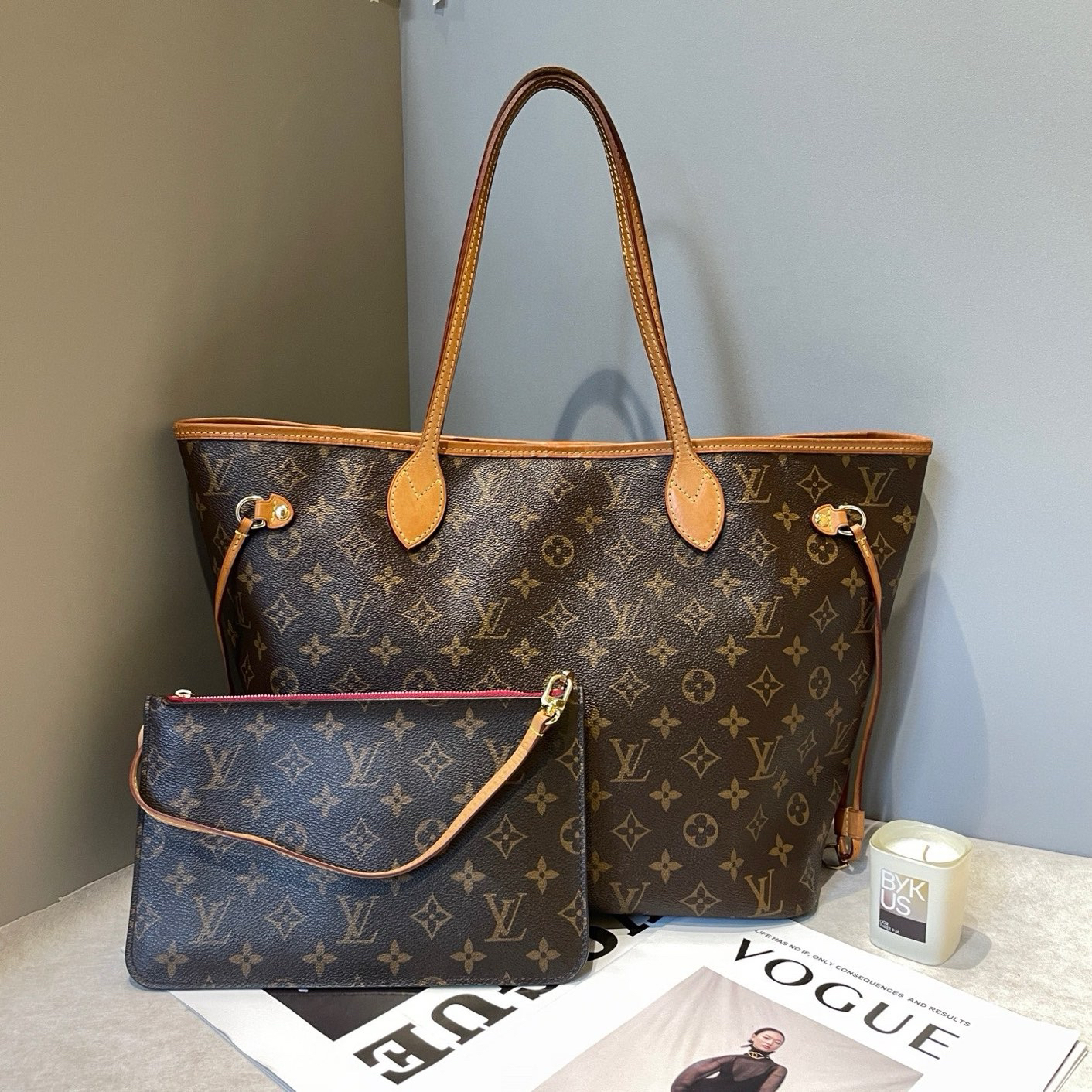 95新 LouisVuitton/路易威登 Neverfull 中号老花红内托特包