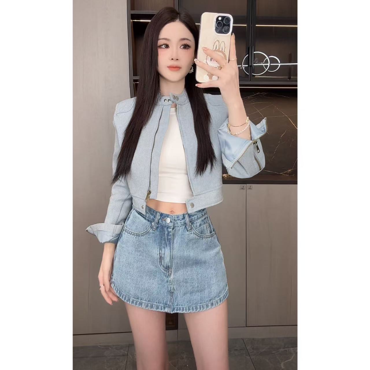 曼曼【雾蓝叙事~】立领修身显瘦夹克外套女24556#