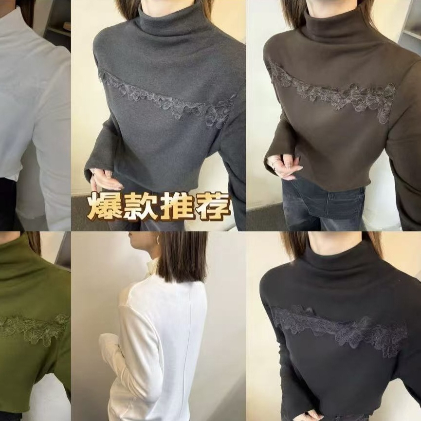 LMM 3166 蕾丝拼接半高领加绒T恤女冬季新款宽松显瘦百搭打底