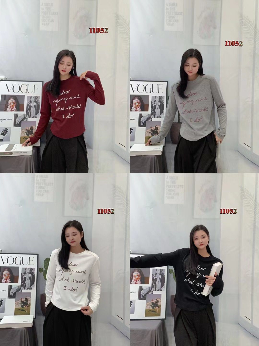 VOGUET恤长袖休闲风打底衫针织显瘦短款套头春季网红重工加绒