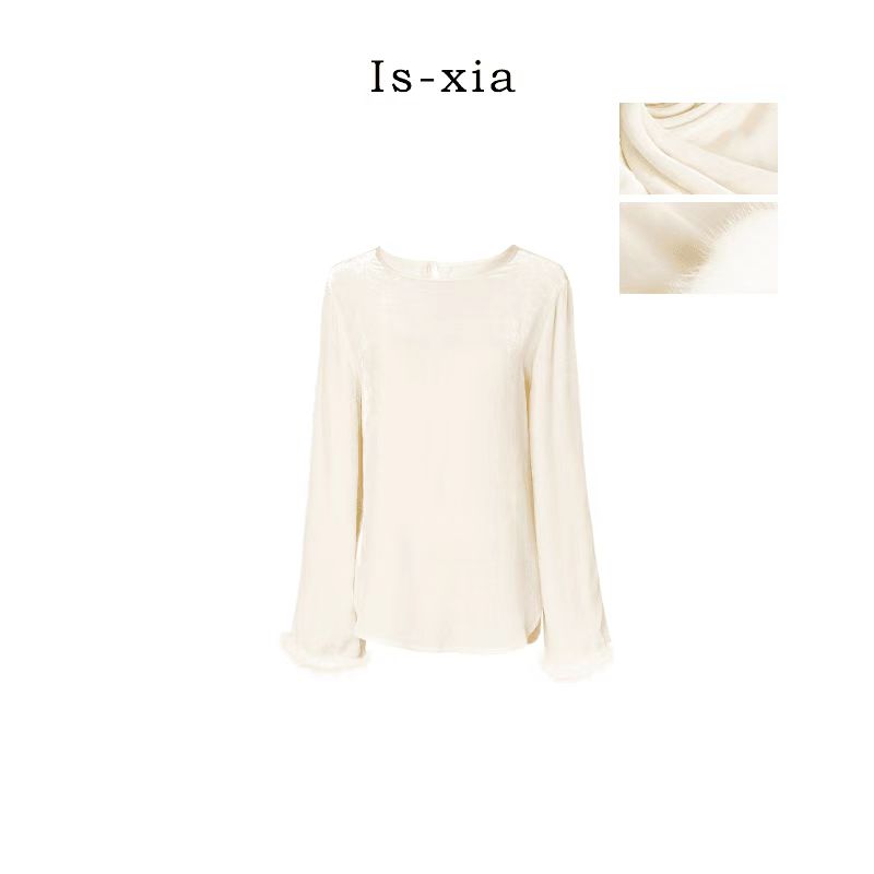 【坠入凡间】丝绒拼接水貂毛圆领长袖衬衫轻奢时尚气质白色T恤