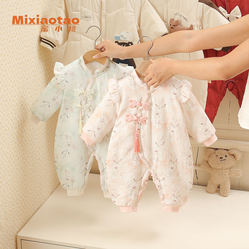婴儿夹棉秋冬款花想容连体衣女宝宝中式新生儿加绒保暖新生儿